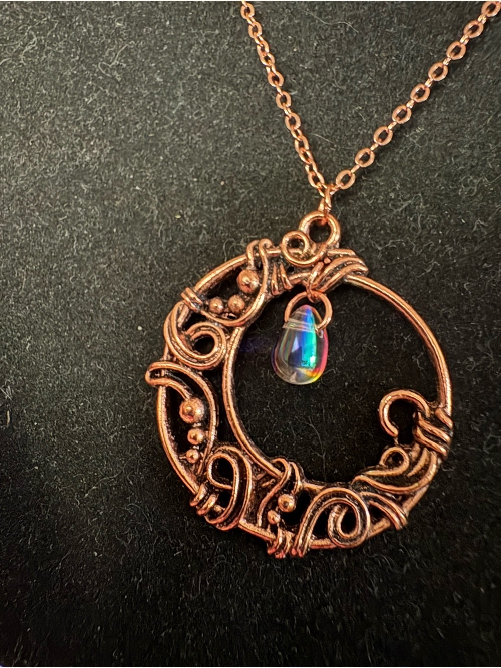 Handcrafted Copper Wire Circle Pendant Necklace with Iridescent Teardrop
